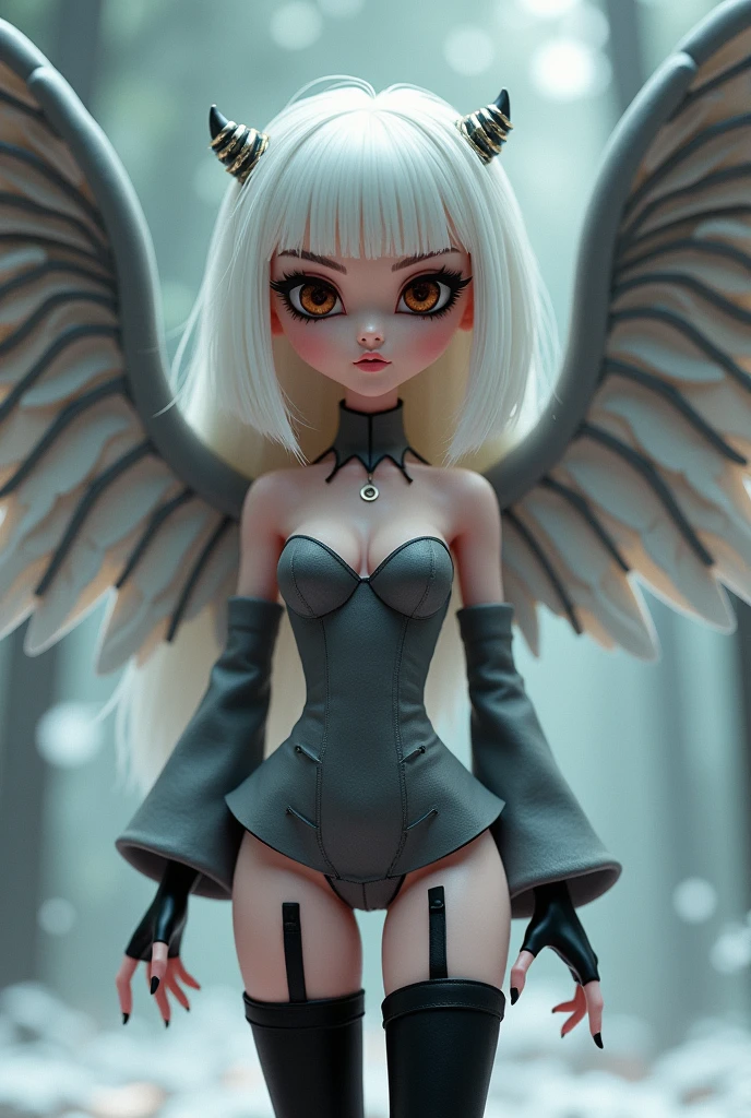 Barbie style CARTOON sexy intimidating look Angel short dress gray long sleeve ,Grey wings with two black lines below black tights and boots ,brown eyes white hair white skin