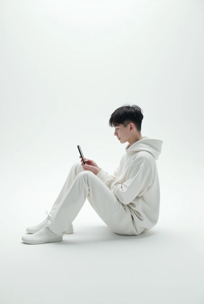 Young man sitting alone in a very large all white room, looking at a small mirror in front of you