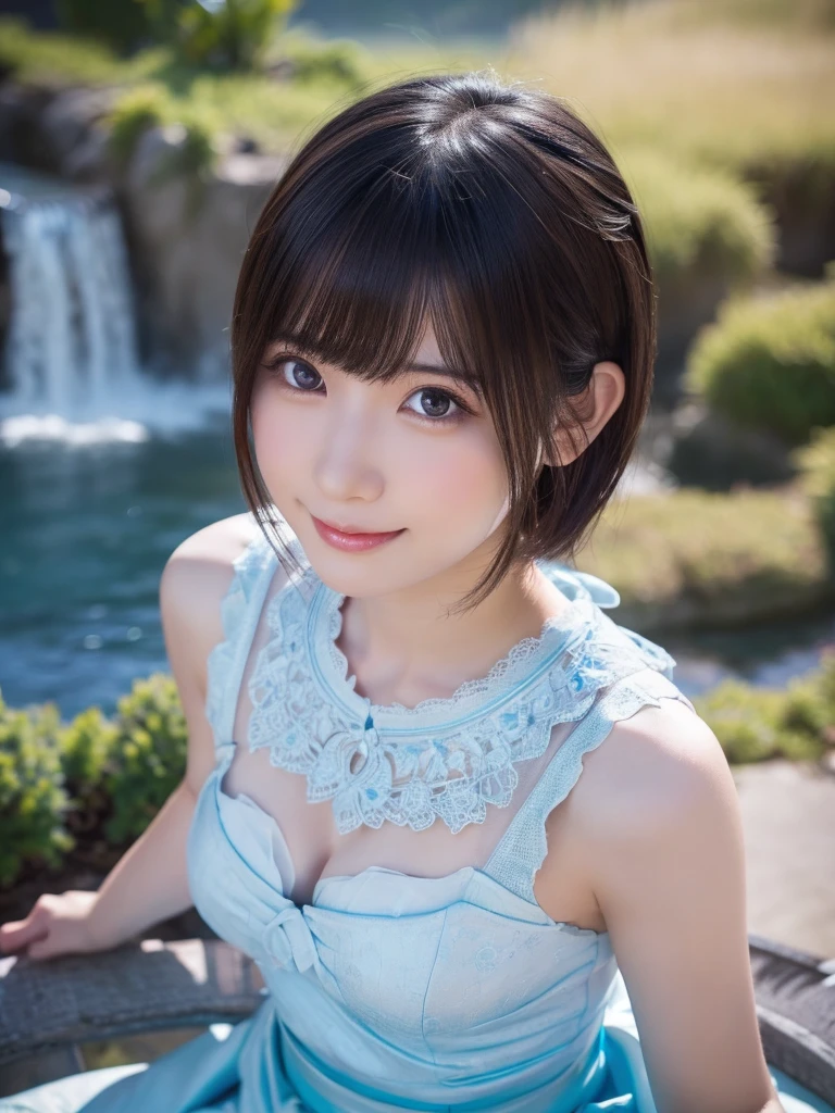 head shot,beautiful detailed eyes, droppy eyes,beautiful detailed lips, extremely detailed eyes and face, long eyelashes, 1 japanese girl, fantasy character, (Final Fantasy, yuuna),smile,short hair,elegant white dress,break, blue long skirt,break,magical girl, highly detailed, fantasy landscape, dramatic lighting, glowing effects, mist, intricate details, volumetric lighting, cinematic composition, hyper realistic, 8k, best quality, masterpiece, photorealistic,Highres fix