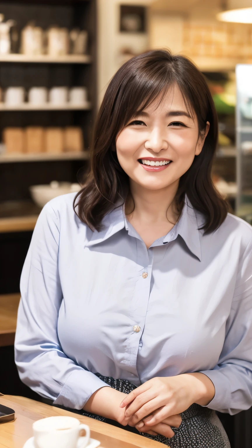 8k wallpaper, masterpiece, Highest quality, Very detailed, One Mature Woman, 50 years old, Become very clear, Wearing a spring-like shirt, Skin dents, Captivating smile, Looking at the audience, , Plump, Curvaceous, Attractive face, Smiling with teeth showing, I was happy, sitting in a cafe, Background Blur