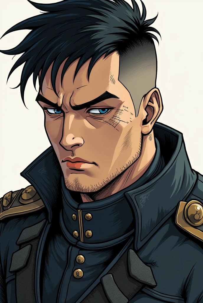 Dans un style manga un soldat de 25 ans aux cheveux noirs rasés sur les côté un peu comme un viking. Son oeil gauche est fermé par une cicatrice, son oeil droit est de couleur bleu. Il porte un uniforme noir et sa mâchoire est légèrement carrée