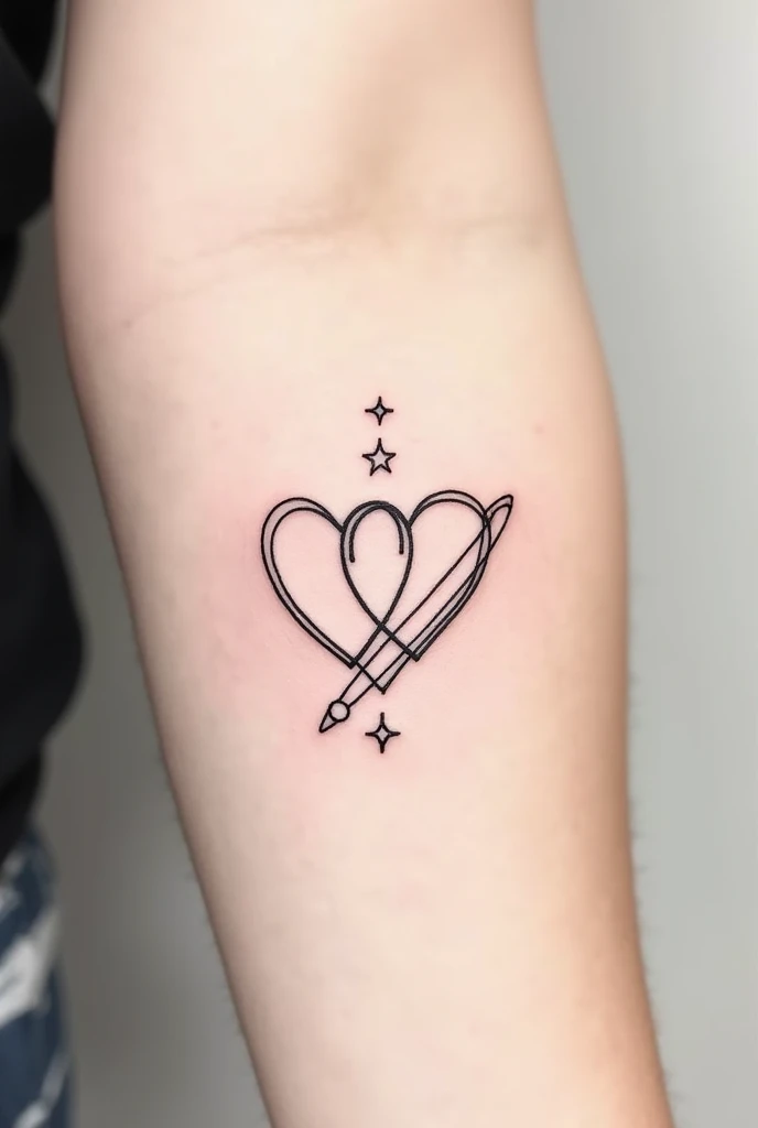 Create tattoo in lines without color, two hearts with a Saturn on one side and three stars in a line 