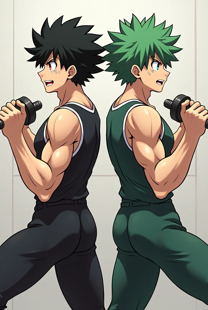 Make two Izuku Midoriyas plus one has black hair and red eyes and the other has green hair and green eyes, they are both  and are boys, put them with weights or doing push-ups 