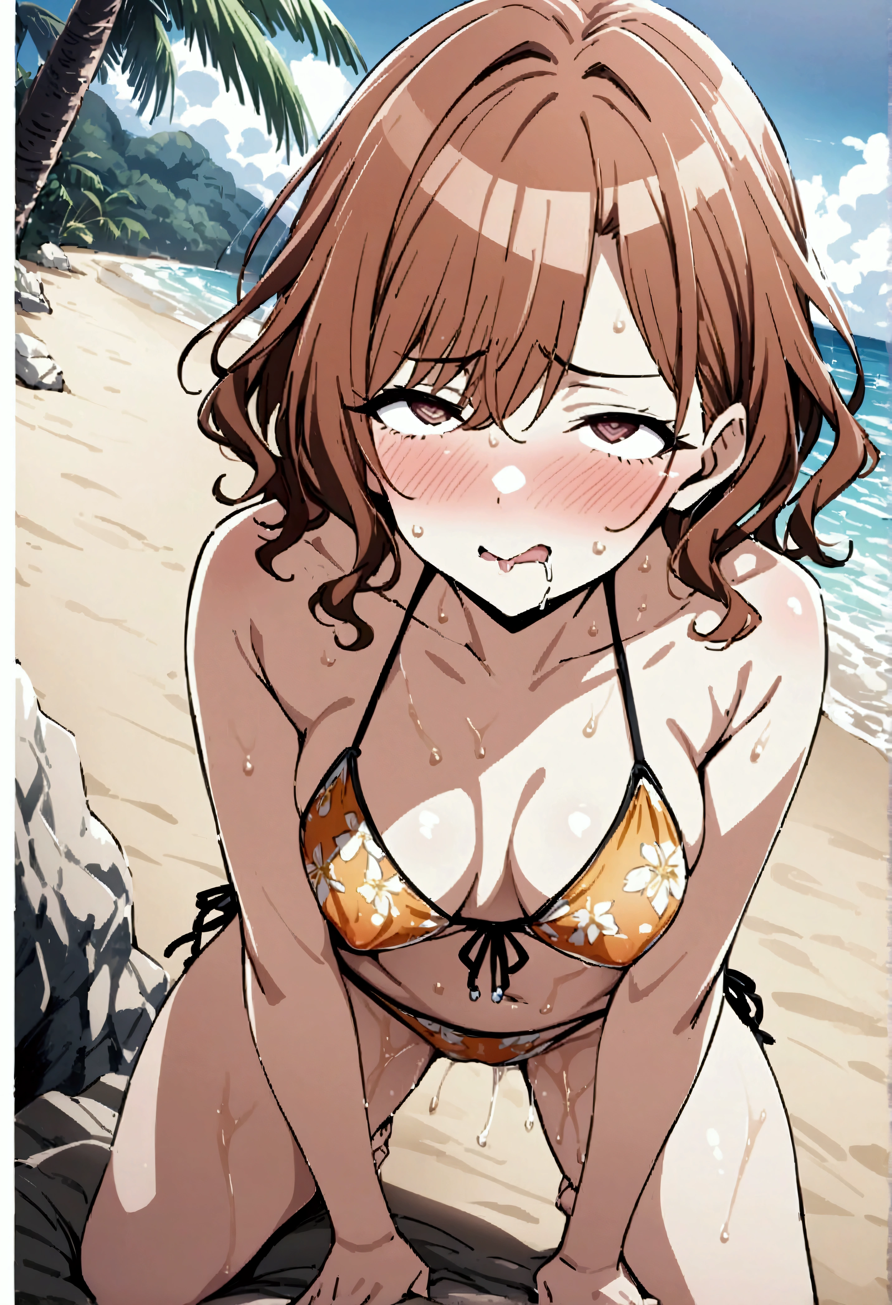 NSFW,masterpiece,Highest quality,High resolution,Very detailed,Madoka Higuchi\(The Idolmaster Shiny Colors\),Summer Hair、High quality sexy bikini、Halter neck、Floral,beach,Palm tree,Rock Shade,Parasol,gravure,Sexy pose,(Lustful face),Angry face,Grit your teeth,Drooling,(Ahegao),blush,Wet,(Strong young man),Picking Up Girls,(Mating),heart,(Have sex)