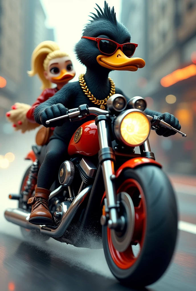 Black duck with sunglasses and gold chain, riding a motorcycle, at high speed With a blonde on the back