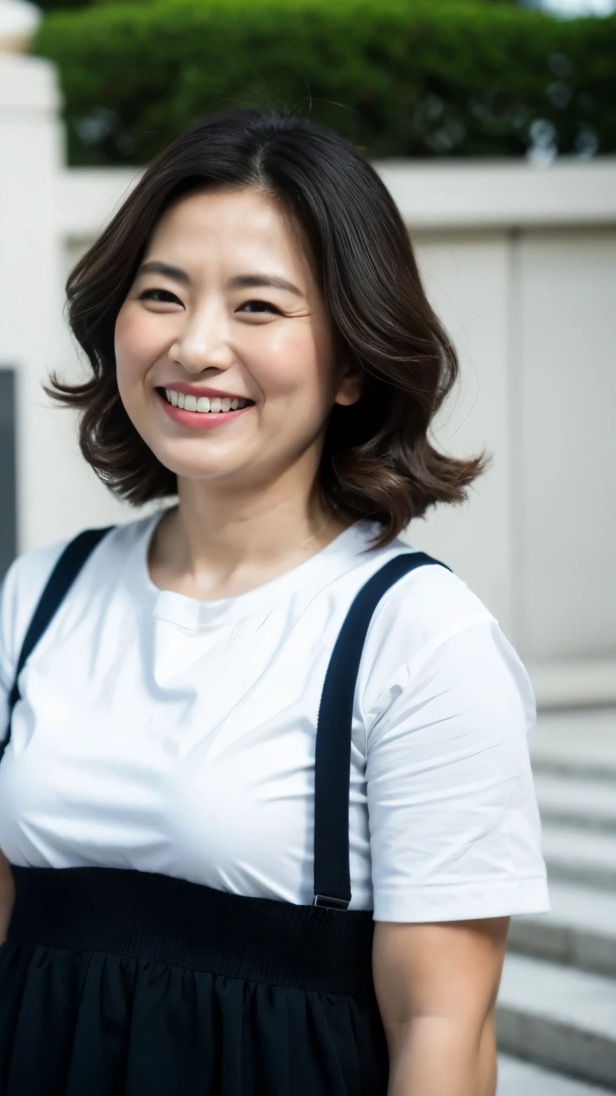 最high quality, In 8K, whole body, Real, Upper Body, high quality, High resolution, Detailed face, Detailed eyes, Thick lips, (Look at the viewers), alone, Middle-aged women, , 60 years old, , Wavy Hair, , Wearing short sleeves, Standing in front of a fountain, Wrinkles around the eyes, Smiling with teeth showing, Background Blur