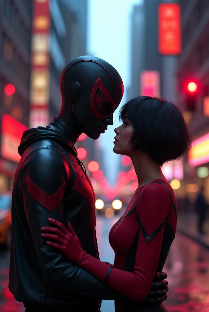 miles morales without mask, staring at gwen in love, photo realist, natta, red traffic lights, fully body, 4K, wallpaper, miles morales, high qualiy, gwen short hair