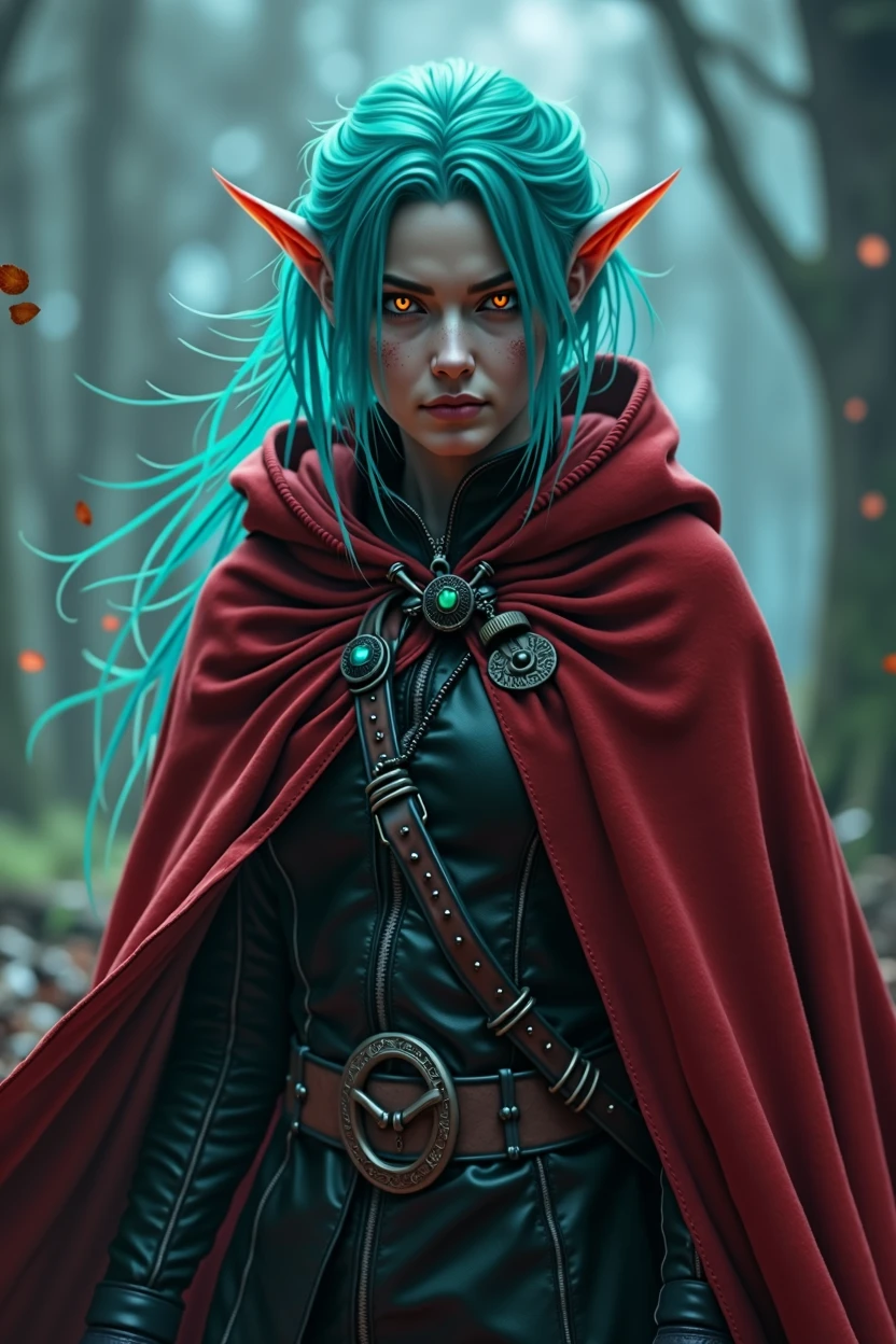 A moon elf nonbinary person with bright teal hair a red cloak and glowing eyes ready to assassinate. Warlock who drains souls. Full body. 