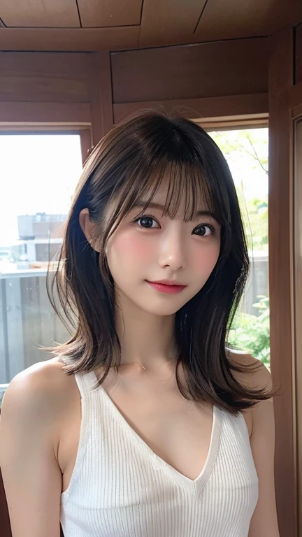 Highly detailed, photorealistic portrait of a young woman in her 20s。face:
Outline of an inverted triangle、Sharp jaw:1.8、Thin eyebrows、知的なface立ち
大きな目と高い鼻
目:
Brown eyes、A hairstyle with subtle highlights and gentle glowing eyes:
Medium Length、The bangs are cut diagonally and the hair color is dark brown.:
Light Skin Tone、Smooth and healthy looking skin:
calm and gentle smile