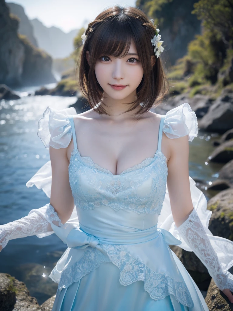head shot,beautiful detailed eyes, droppy eyes,beautiful detailed lips, extremely detailed eyes and face, long eyelashes, 1 japanese girl, fantasy character, (Final Fantasy, yuuna),smile,short hair,elegant white dress,break, blue long skirt,break,magical girl, highly detailed, fantasy landscape, dramatic lighting, glowing effects, mist, intricate details, volumetric lighting, cinematic composition, hyper realistic, 8k, best quality, masterpiece, photorealistic,Highres fix