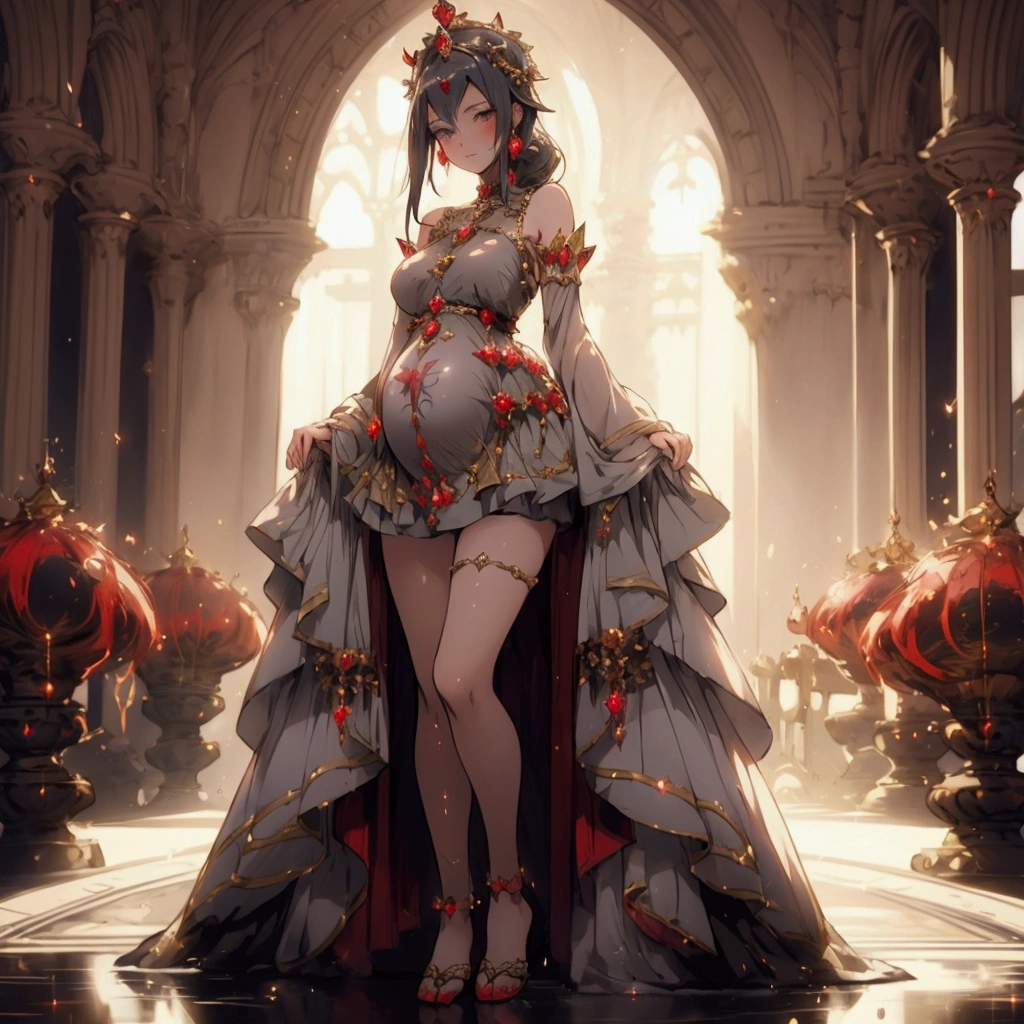 anime - style image of a woman in a dress and crown standing in a hall, a beautiful fantasy empress, cushart krenz key art feminine, guweiz on artstation pixiv, ((a beautiful fantasy empress)), guweiz on pixiv artstation, trending on artstation pixiv, royal elegant pose, 2. 5 d cgi anime fantasy artwork, pregnant