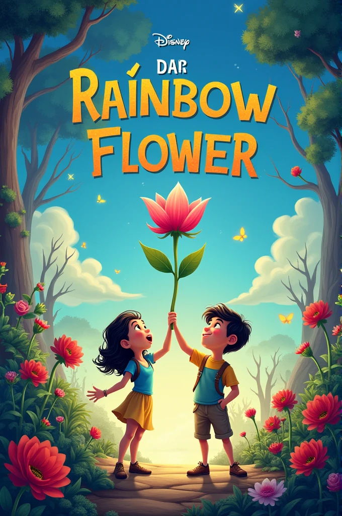 Cartoon style movie cover written "The and the rainbow flower" written in Portuguese 