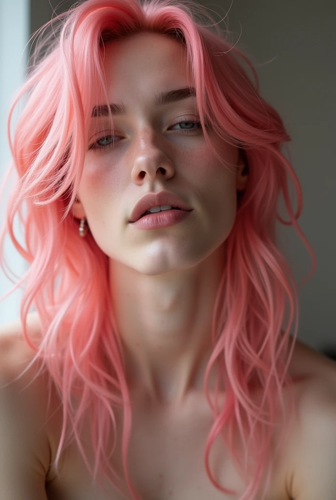 Naked femboy boy, with long pink hair, green eyes blinking with orgasmic expression