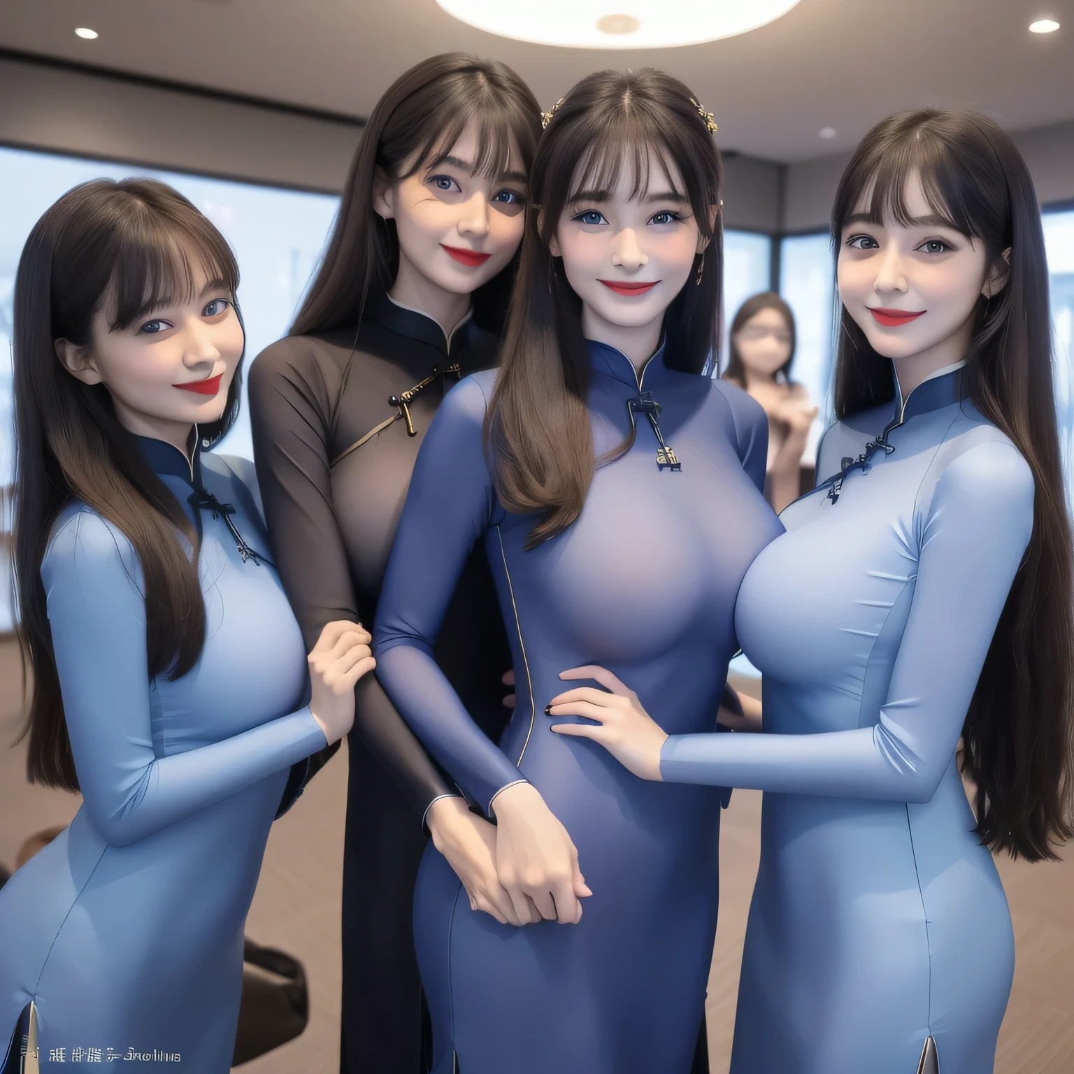 100 Girls,Crowded, Long Hair, Brown Hair, sexy, A line of girls, Girls in line, Girls only, Sisters, ((Blue Ao Dai)),Full body photo:1.9, Adorable, smile, Slim face, The body is slim, 32K, masterpiece, Best image quality,Ultra-high resolution,Perfect hands,Black choker、blue eyes、bangs、Very thick and long eyelashes, Lots of girls、((Big Breasts)), Dependents, Big Breasts, Red lipstick、conference room、Happy expression