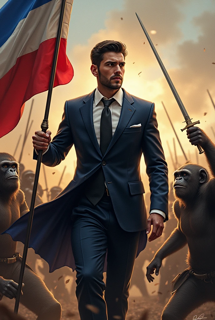 Jordan bardella une personne jeune et dynamique, politicien en costard Tenant un drapeau français dans la main droite, et une Rapiere dans la main gauche, tout ça sur champ de Bataille ou la guerre Fait rage Entre les chevalier français et les singe noir