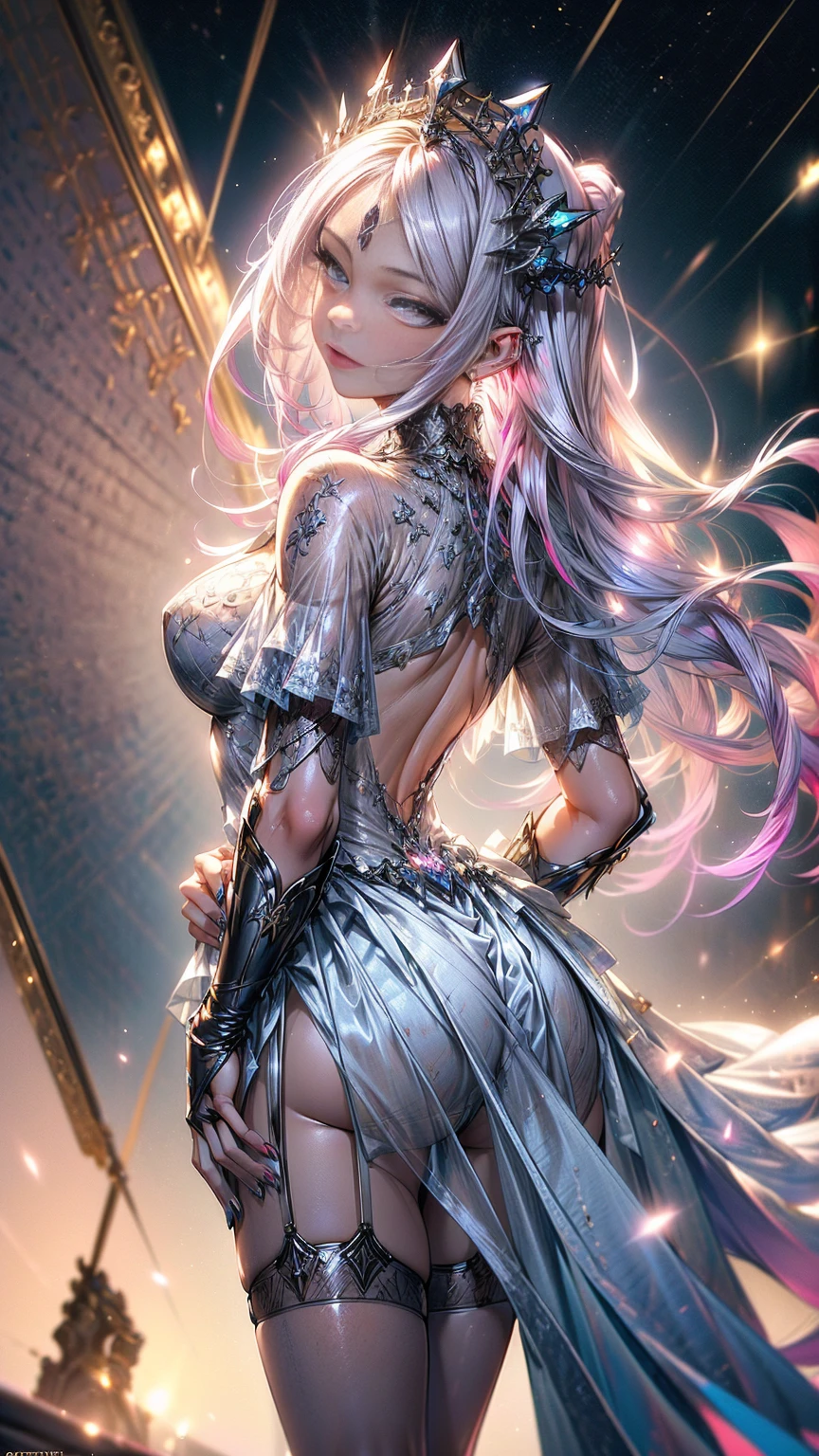 Raw photo, masterpiece, best quality, ultra-detailed, high resolution, extremely detailed CG, unity 8k wallpaper, official art, production art, novel illustration, caustics, textile shading, super detailed skin, perfect anatomy, detailed, cinematic lighting, dynamic lighting, young age girl, 16 yautiful detailed eyes, (shiny alabaster skin), sexy smile,(nsfw7), (Elegant and Royal battle dress:1.5), (DD breasts), large butblonde, garter btty starry pupiled eyes, long lashes, eye shadow, eyeliner, detailed eyes, beautiful eyes, full pink lips, short height(160cm), Two toned hairstyle(Astral colored hair) behind viewer, back shot, hips focus,