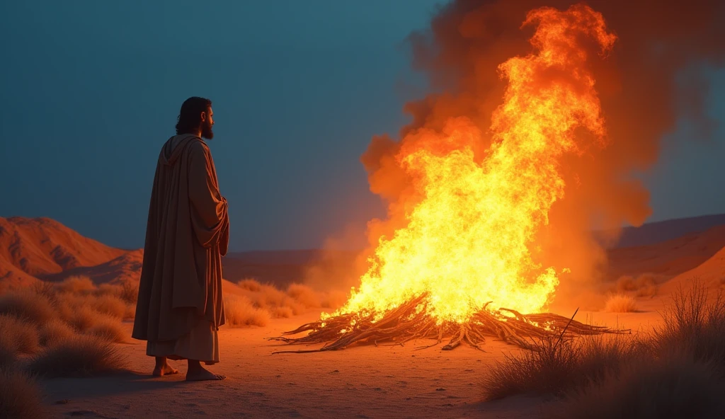 Moses in a desert landscape, standing before a burning bush glowing intensely, deep blue sky, warm colors of the bush, Moses in simple rustic clothing, expression of awe, 16:9 --v 6 --ar 16:9 --style 4b