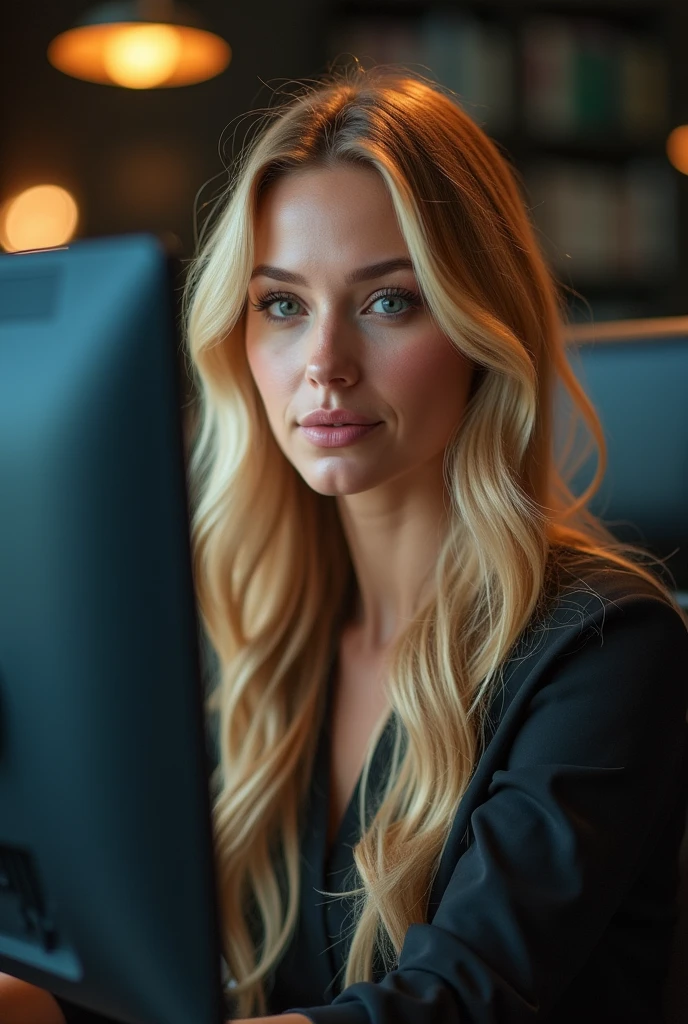 a beautiful 35 year old woman with long blonde hair, detailedeyes, nase, and lips, wearing professional clothing, sitting in his office, using your computer, HP computer (best qualityer,4K,8k,high resolution,work of art:1.2),ultra detali,(realisitic,photorealisitic,photo-realisitic:1.37),HDR,studio lighting,extremely detailed face and body, portraite,cinematic lighting,dramatic lighting,warm color tones,dramatic colors