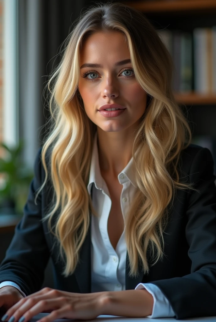 a beautiful 35 year old woman with long blonde hair, detailedeyes, nase, and lips, wearing professional clothing, sitting in his office, using your computer, HP computer (best qualityer,4K,8k,high resolution,work of art:1.2),ultra detali,(realisitic,photorealisitic,photo-realisitic:1.37),HDR,studio lighting,extremely detailed face and body, portraite,cinematic lighting,dramatic lighting,warm color tones,dramatic colors