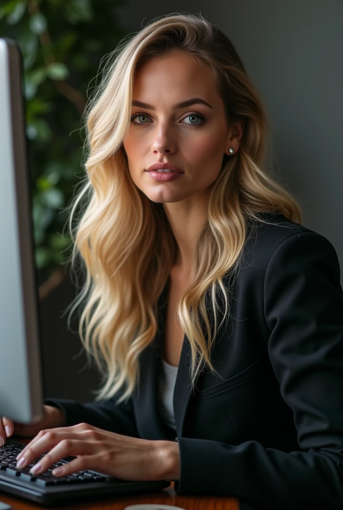 a beautiful 35 year old woman with long blonde hair, detailedeyes, nase, and lips, wearing professional clothing, sitting in his office, using your computer, HP computer (best qualityer,4K,8k,high resolution,work of art:1.2),ultra detali,(realisitic,photorealisitic,photo-realisitic:1.37),HDR,studio lighting,extremely detailed face and body, portraite,cinematic lighting,dramatic lighting,warm color tones,dramatic colors