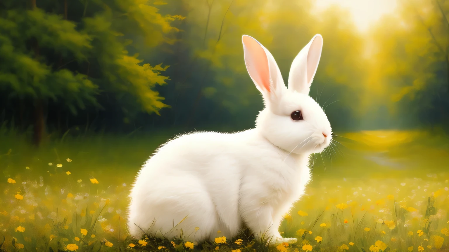 Adorable fluffy rabbit with big ears, sitting on the meadow, blue sky and lush summer forest background, super cute white bunny, hyper detailed, 32k resolution, oil on canvas, oil painting, highest quality, bright, sunny, colorful, summer day, ethereal, wall paper