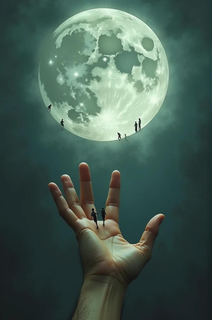 I need a picture Which has one hand And above that hand should be the moon And in the moon People are walking around