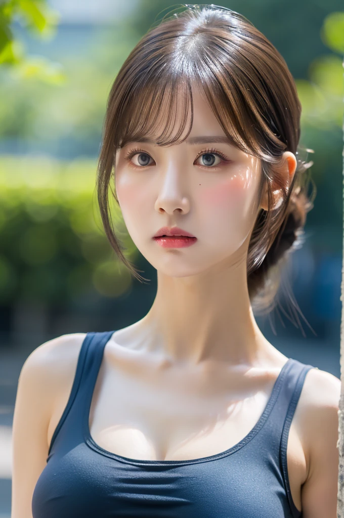 (8k, raw, masterpiece: 1.5), (professional photograph, sharp: 1.2), (natural sun light), (soft shadow), (photorealistic: 1.4), perfect dynamic composition, ((half body photoshoot)), (1 girl), (Ultra-detailed face and skin), gorgeous face, perfectly proportioned face, dark brown eyes, round eyes, beautiful eyes, glossy eyes, high nose bridge, blush, plump lips, really moist skin, white skin, (delicate skin:1.4), (latex skin:0.4), (perfect glowing skin:0.6), (black ponytail hair, bangs), (((skinny body))), (huge breast: 1.3), (perfectly round breasts: 1.3), ((glare)), ((cute angry face with puffed cheeks: 1.3)), looking at camera, silver necklace, headband, (((dark blue tank top)))