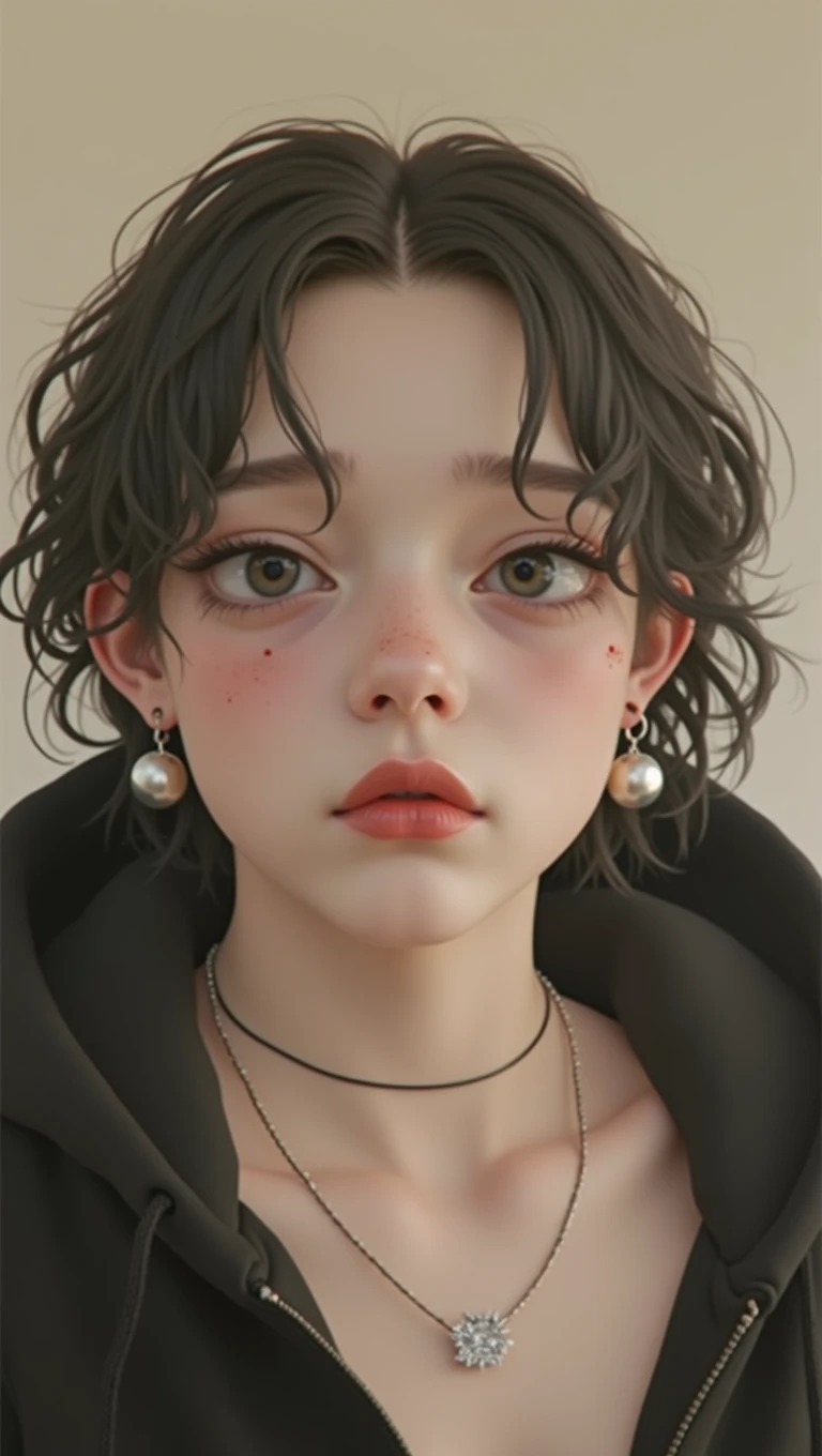 Boy with fair skin without blemishes, just two small spots marked on his face, big eyes with big red lips, with a piercing on his eyebrow, wearing medium ball earrings with the bottom as if he were sitting on a chair.