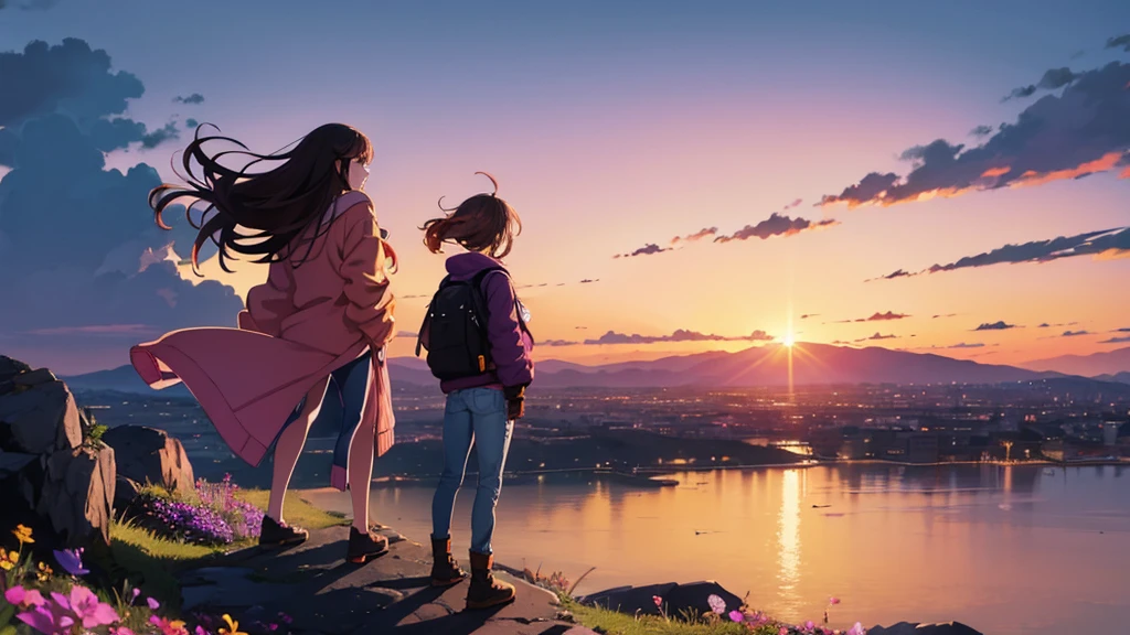 ((high quality)) ((8k)) A woman stands on a rocky hill at sunset, facing forward. The sky is a gradient of orange, pink, and purple. Behind her is a silhouette of a ruined city. A path extends from the hill towards the horizon. The wind is blowing her hair and clothing. She is wearing a light jacket and jeans. Wildflowers are scattered on the rocky ground.