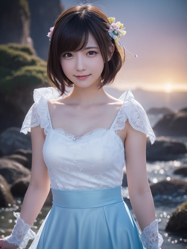 head shot,beautiful detailed eyes, droppy eyes,beautiful detailed lips, extremely detailed eyes and face, long eyelashes, 1 japanese girl, fantasy character, (Final Fantasy, yuuna),smile,short hair,elegant white dress,break, blue long skirt,break,magical girl, highly detailed, fantasy landscape, dramatic lighting, glowing effects, mist, intricate details, volumetric lighting, cinematic composition, hyper realistic, 8k, best quality, masterpiece, photorealistic,Highres fix