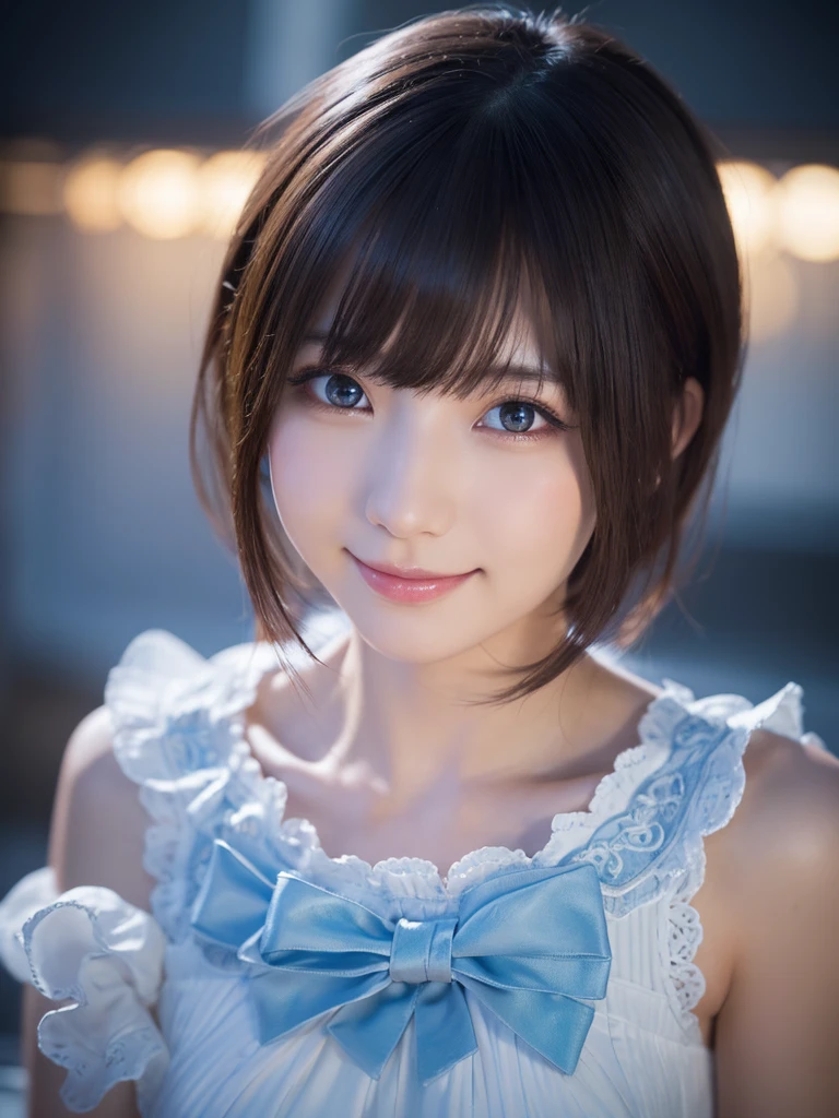 head shot,beautiful detailed eyes, droppy eyes,beautiful detailed lips, extremely detailed eyes and face, long eyelashes, 1 japanese girl, fantasy character, (Final Fantasy, yuuna),smile,short hair,elegant white dress,break, blue long skirt,break,magical girl, highly detailed, fantasy landscape, dramatic lighting, glowing effects, mist, intricate details, volumetric lighting, cinematic composition, hyper realistic, 8k, best quality, masterpiece, photorealistic,Highres fix