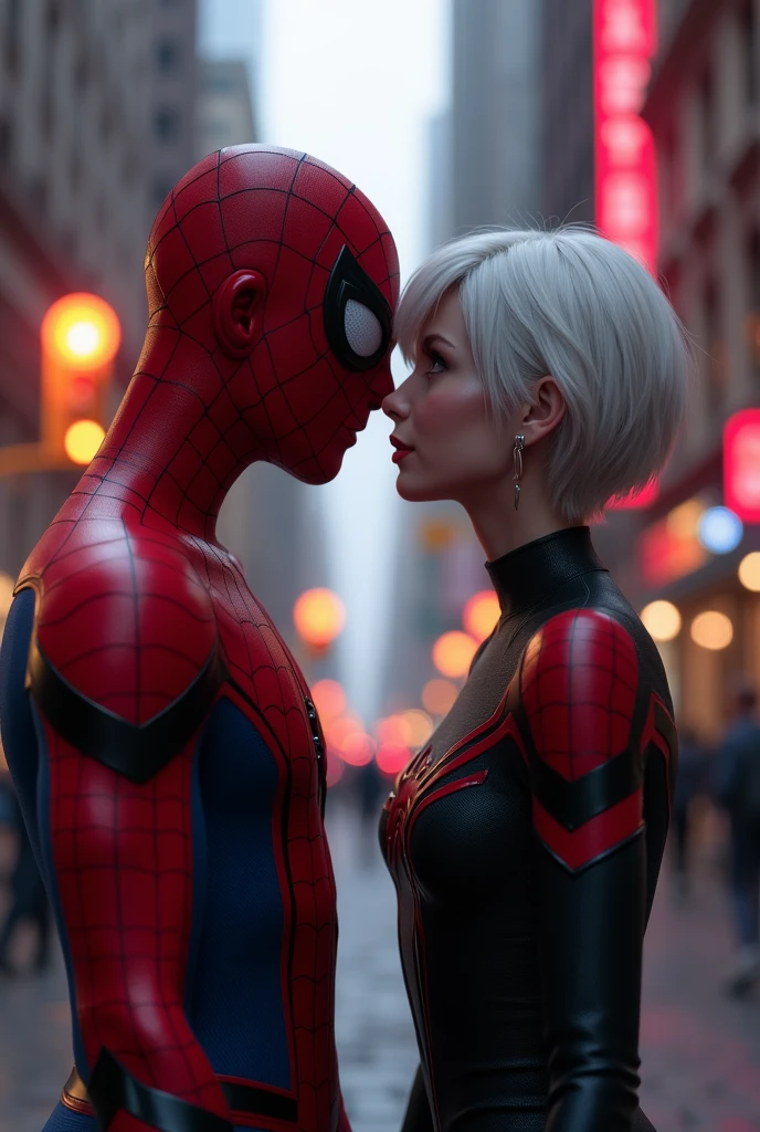 spider man face scar, staring at gwen in love, photo realist, natta, red traffic lights, fully body, 4K, wallpaper, miles morales, high qualiy, gwen short hair