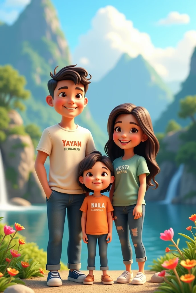 3D cartoon image of a handsome man wearing a t-shirt that says YAYAN HERMAWAN holding hands with a beautiful woman wearing a t-shirt that says HESTI MEISA with a cute girl in the middle wearing a t-shirt that says NAILA SALSASABILLA with a beautiful background of mountains and waterfalls