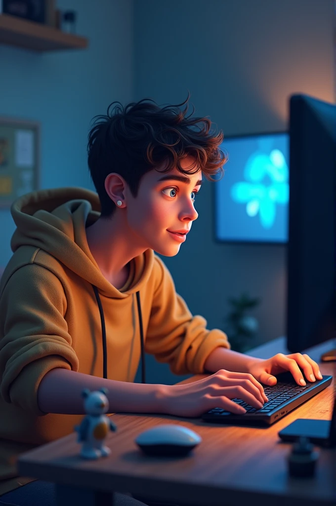 Un jeune entrains de jouer a un jeu sur son pc