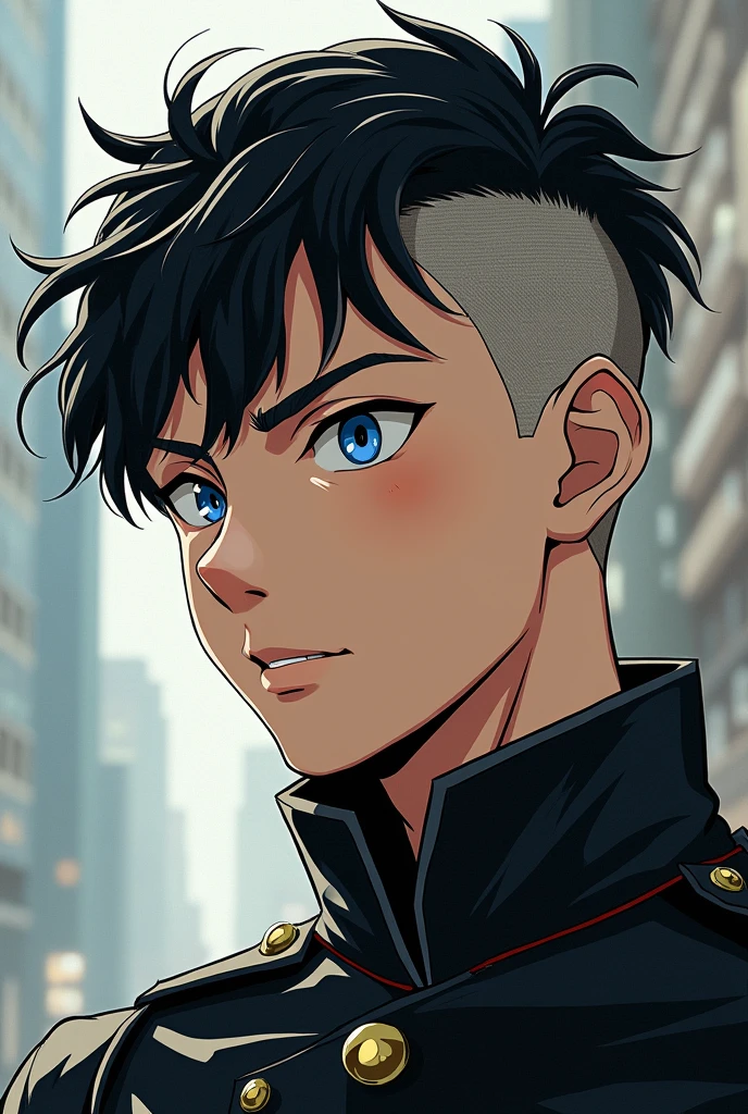 Dans un style manga un jeune soldat de 25 ans aux cheveux noirs rasés sur les côté un peu comme un viking. Son oeil gauche est fermé et son oeil droit est de couleur bleu. Il porte un uniforme noir et sa mâchoire est légèrement carrée