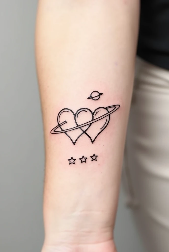 Create tattoo in lines without color, two hearts with a Saturn on one side and three stars in a line 