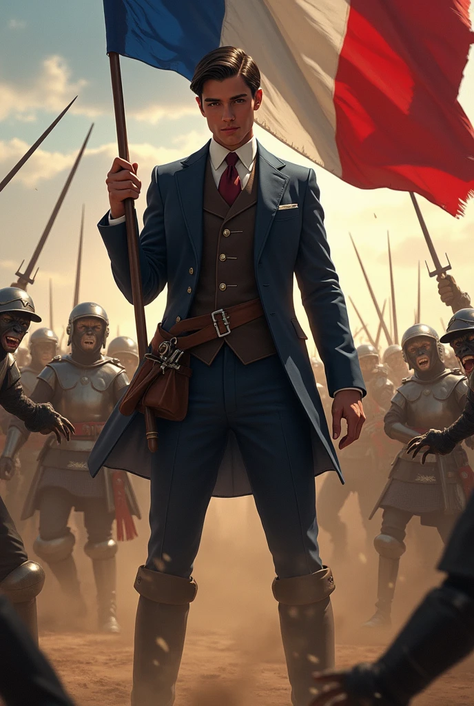 Jordan bardella une personne jeune , politicien en costard Tenant un drapeau français dans la main droite, et une Rapiere dans la main gauche, tout ça sur champ de Bataille ou la guerre Fait rage Entre les chevalier français et les singe ????
