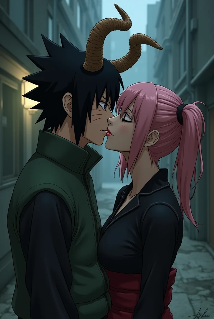 Make Sasuke with cuckold horns while Naruto is kissing Sakura with tongue in front of him