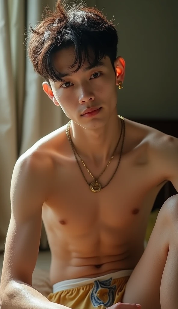 พื้นหลังmanหาด, There was a lot of dirt on his half-breeches., Armpits are very smooth., The fingers are very detailed., Don't combine the body., very young boy, teenage boy, (realistic, Masterpiece, best quality), Pale white skin, ผู้manมีกล้าม, big lump, charming, charming, Wear a necklace around his neck., bareเปล่าโดยสิ้นเชิง , Large penis, realistic, bareเปล่าเต็มที่, bare, perfect , man , การสร้างแบบจำลองสำหรับphotography, Editorial style, ผู้manหล่อ, detailed face, topless, shirtless, เด็กmanอายุ 17 ปี, very young boy, Cinematic soft lighting illuminates a stunningly detailed and ultra-realistic handsome korean man supermodel, short hair, clear honey colored eyes, captivating perfect smile, sensuality, ผู้manร้อนแรง, Very handsome, Showing off his sweaty body., Has a lot of muscle and a six-pack., Thin, compact, full body, 8ก, photography, Masterpiece, detailed face, Detailed eyes, detailed hands, sit, Spread your legs, Wear only half-length underwear., The body is very wet., The body sweats profusely., Wearing a thin half-gold dress