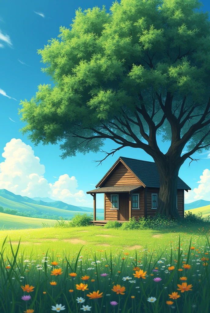 a painting of a cabin under a tree in a field, makoto shinkai cyril rolando, anime art wallpaper 4k, anime art wallpaper 4k, animated background, anime art wallpaper 8k, animated background art, anime landscape wallpaper, amazing wallpaper, hd wallpaper, 4k anime wallpaper, 4k anime wallpaper, anime countryside landscape, Highly detailed 4k digital art