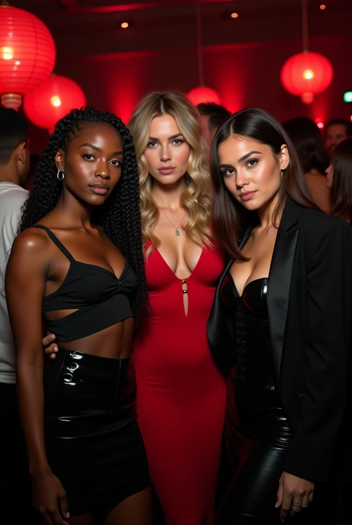 Here is a detailed description for the image: Three women are in the spotlight, similar in appearance to the photos you provided. They are at a party with a predominantly black and red background., with subtle lighting to highlight the sophisticated nocturnal atmosphere. Ao fundo, there are other people visible, but blurred, to keep the main focus on the three women. 1. The first woman, with dark skin and braided hair that falls to the side, wears a stylish top and a high-waisted skirt, in dark tones. 2. The second woman, with fair skin and curly blonde hair, wears a red dress with a black jacket 3. The third woman, with olive skin and straight, dark brown hair, wears a black corset, combined with a long skirt or pants that brings a touch of elegance. They all have dark brown eyes, long hair and a delicate face, Soft, all three are 20 year olds. The scenery in the background suggests a sophisticated party, with diffused lights and an elegant atmosphere, where red and black tones predominate in the decoration.