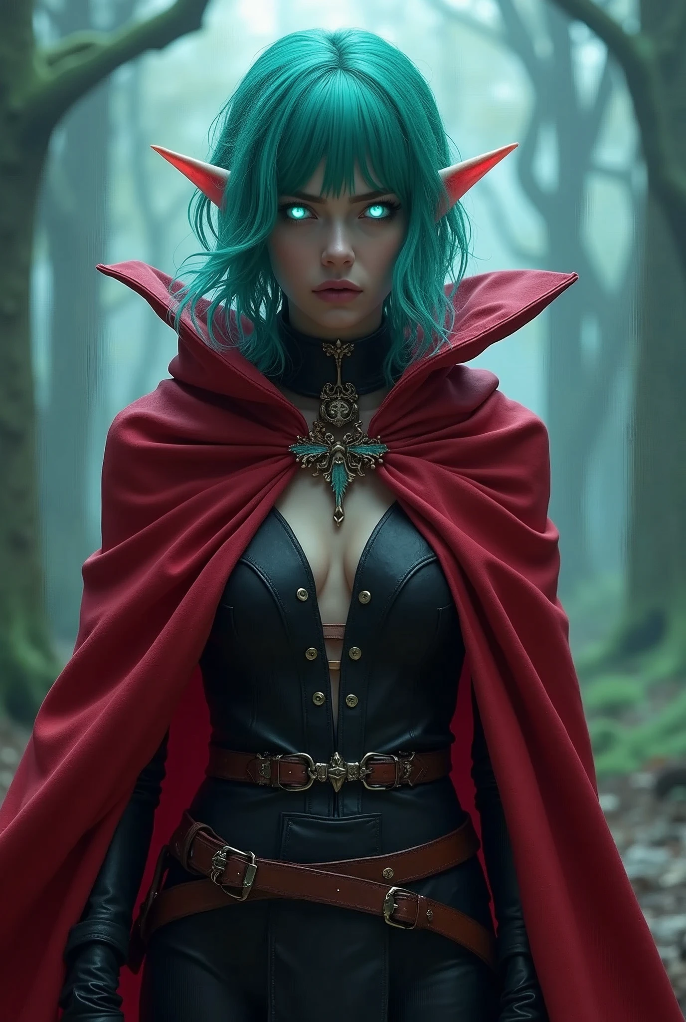 A moon elf nonbinary person with bright teal hair a red cloak and glowing eyes ready to assassinate. Warlock who drains souls. Full body.