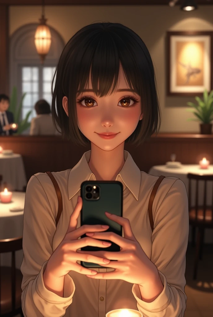 Sam young Japanese girl with beautiful face age 24 years . Taking a selfie in a restaurant 
