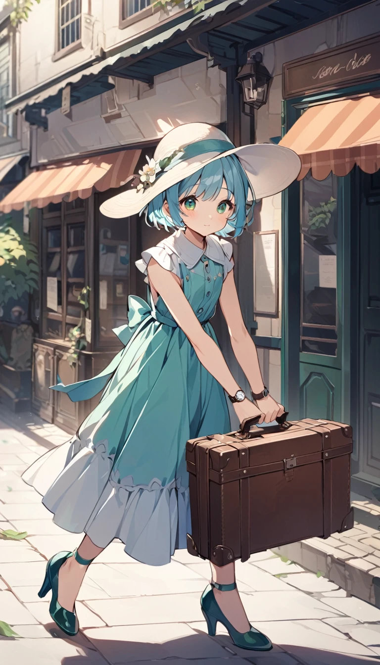 Light blue hair、Short Bob、Deep green eyes、Age 25、Cute Dress、High heels、watch、Pulling a small suitcase by hand、Wide-brimmed hat