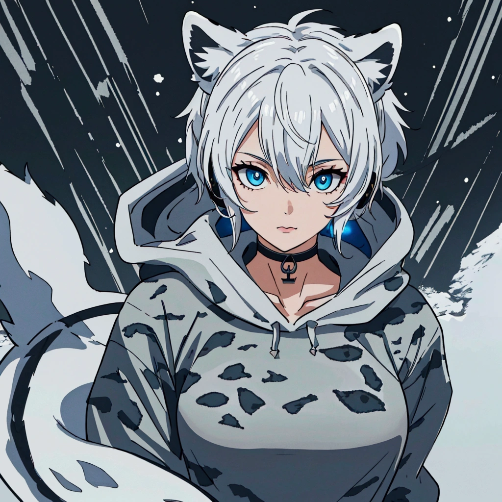 Woman, White Hair, Bangs, Messy Hair, Snow Leopard Ears, Snow Leopard Tail,Blue eyes, Slit Pupils, Mole Under Mouth, Anchor Choker, Headphones, Anatomically Correct, Accurate, Detail, HD, Hoodie,