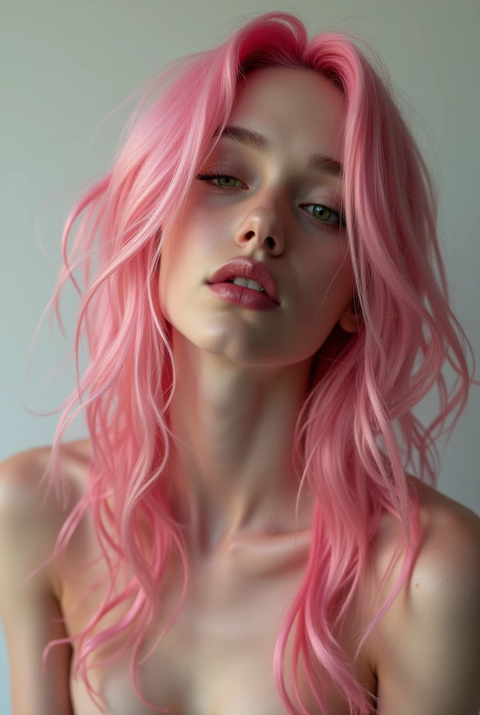 Femboy boy long pink hair over chest, green eyes with one side blinking with a way and expression of orgasm