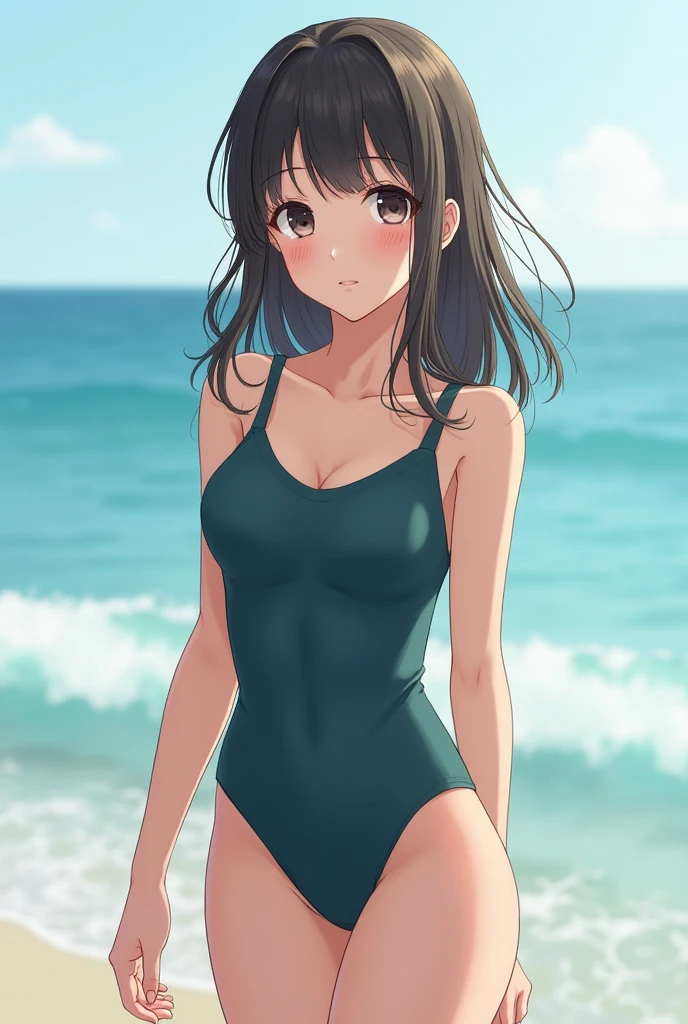 (((One girl,alone))),(Highly realistic photos, High resolution, Detailed face, Beautiful Eyes) Japanese women, 30 years old, Cute Face, model, Medium chest, ,Hairstyle, Healthy Body,Depth of written boundary,Narrow eyes,Light Smile、Wind、Waterfront、Simple Background、(One piece type competitive swimsuit),Real
