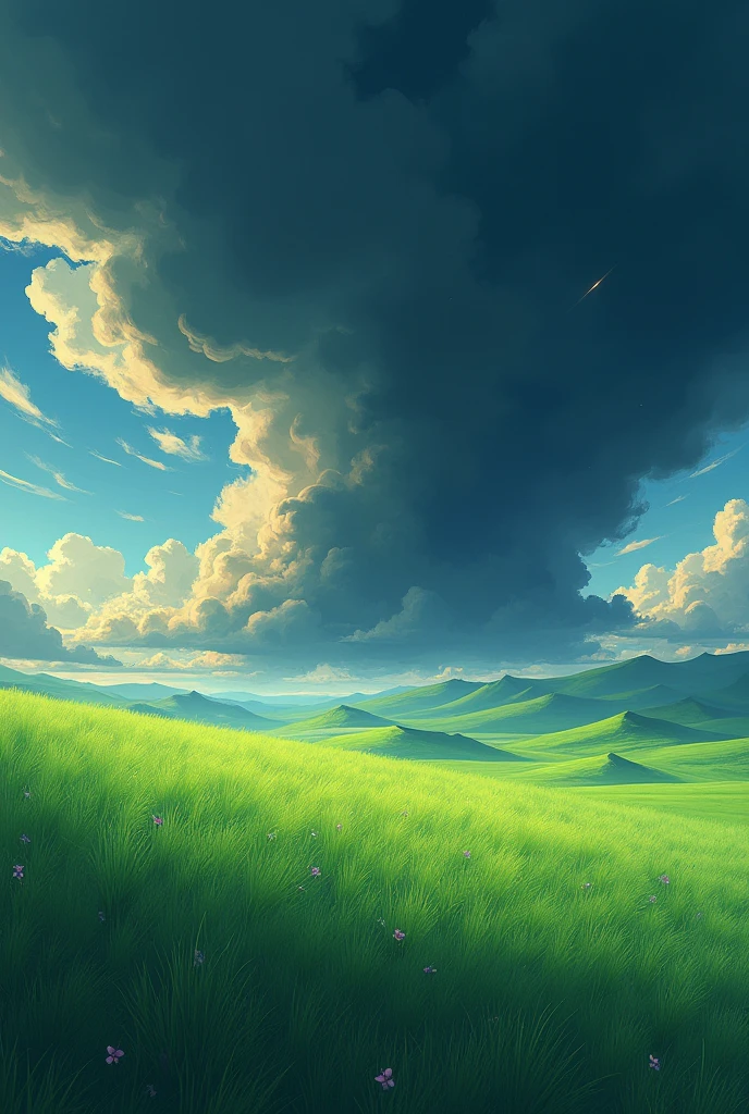 Masterpiece 8k Studio ghibli A serene landscape of a grass field under a hellish sky with clouds. shadow, sunset natural light lighting!!!!! solar 8khdr!!!!