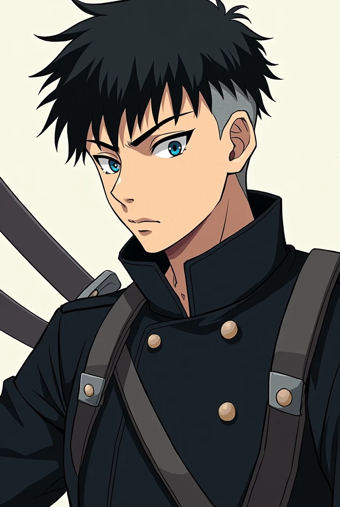 Dans un style manga simple un jeune soldat de 25 ans aux cheveux noirs rasés sur les côté un peu comme un viking. Son oeil gauche est fermé et son oeil droit est de couleur bleu. Il porte un uniforme noir et sa mâchoire est légèrement carrée