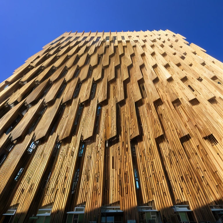 Tall wooden building with many windows and sky in the background, Architectural Photography, sustainable architecture, Arch Daily, Architectural shots, Perfect detail, High quality architectural art, Very consistent and symmetrical work, Sharp and detailed, shot on a 9.8mm wide angle lens, See details, Architectural Photography, Hall々And, Polygonal wooden wall